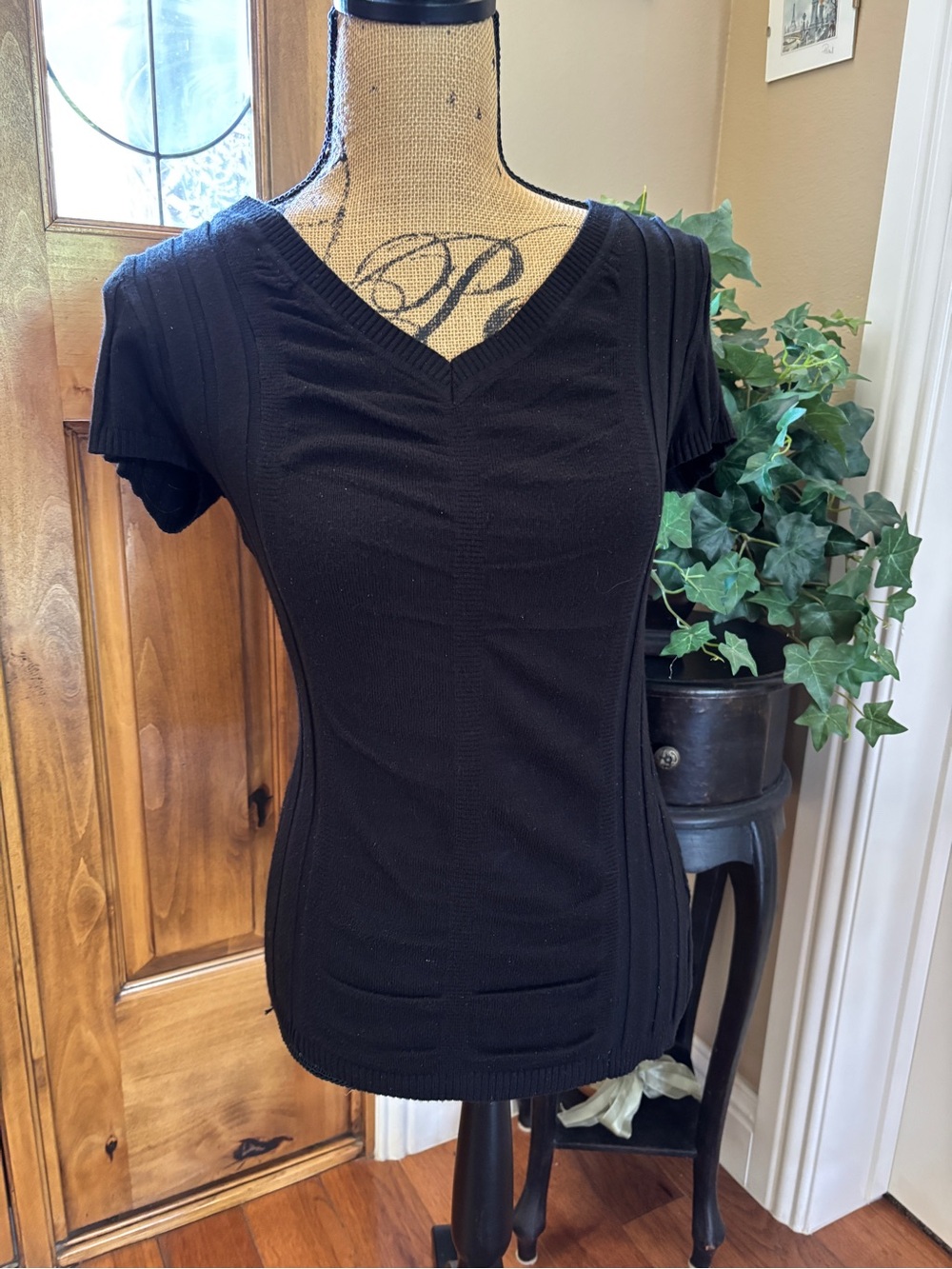 Black V-Neck Ribbed Short Sleeve Sweater Women's Top
